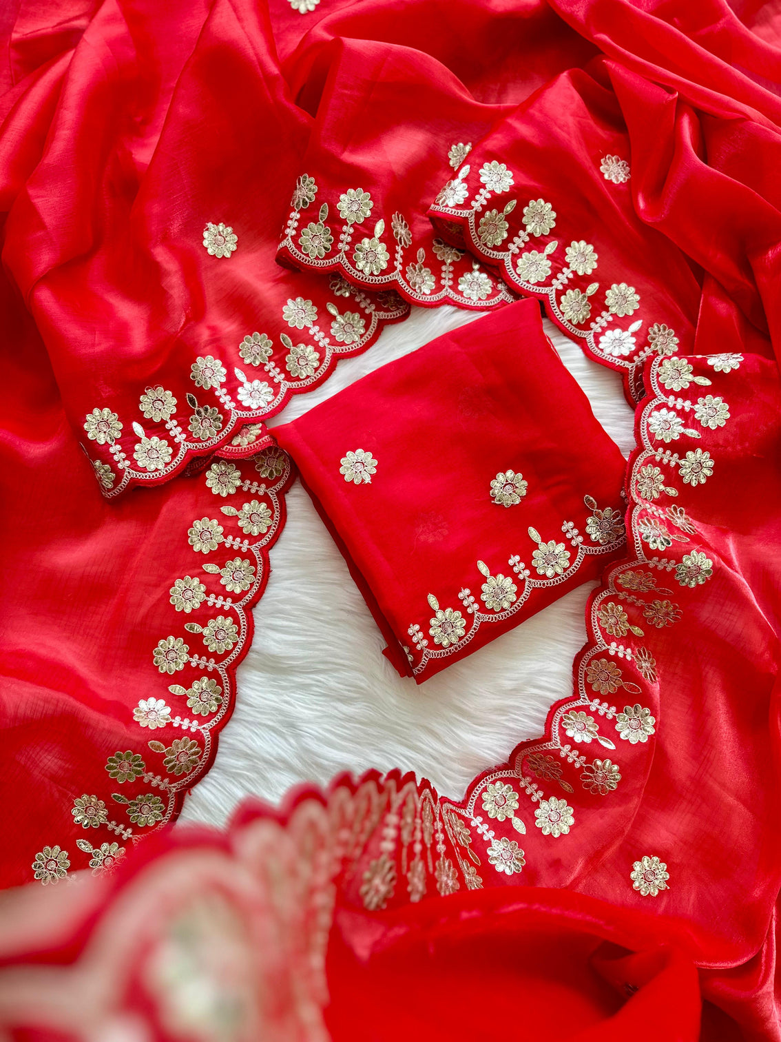 Red Saree with Beautiful Jaipuri Gota Work – Complete with Matching Running Blouse