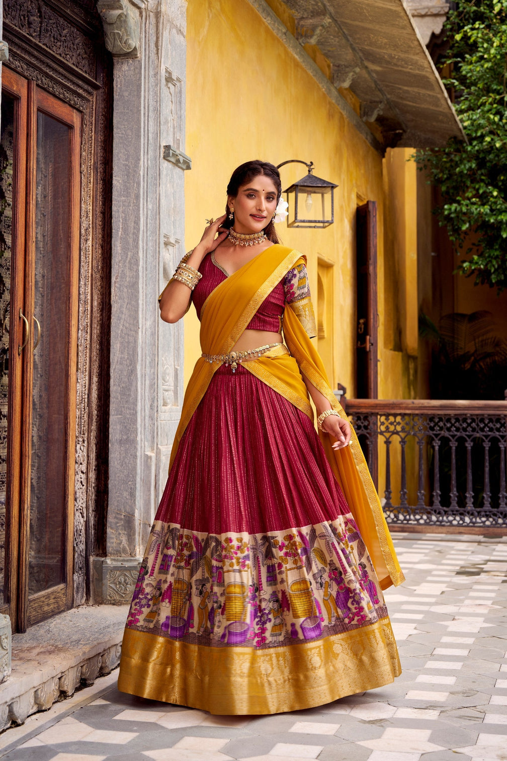 Red Kalamkari Printed Poly Chanderi Lehenga Set with Georgette Dupatta