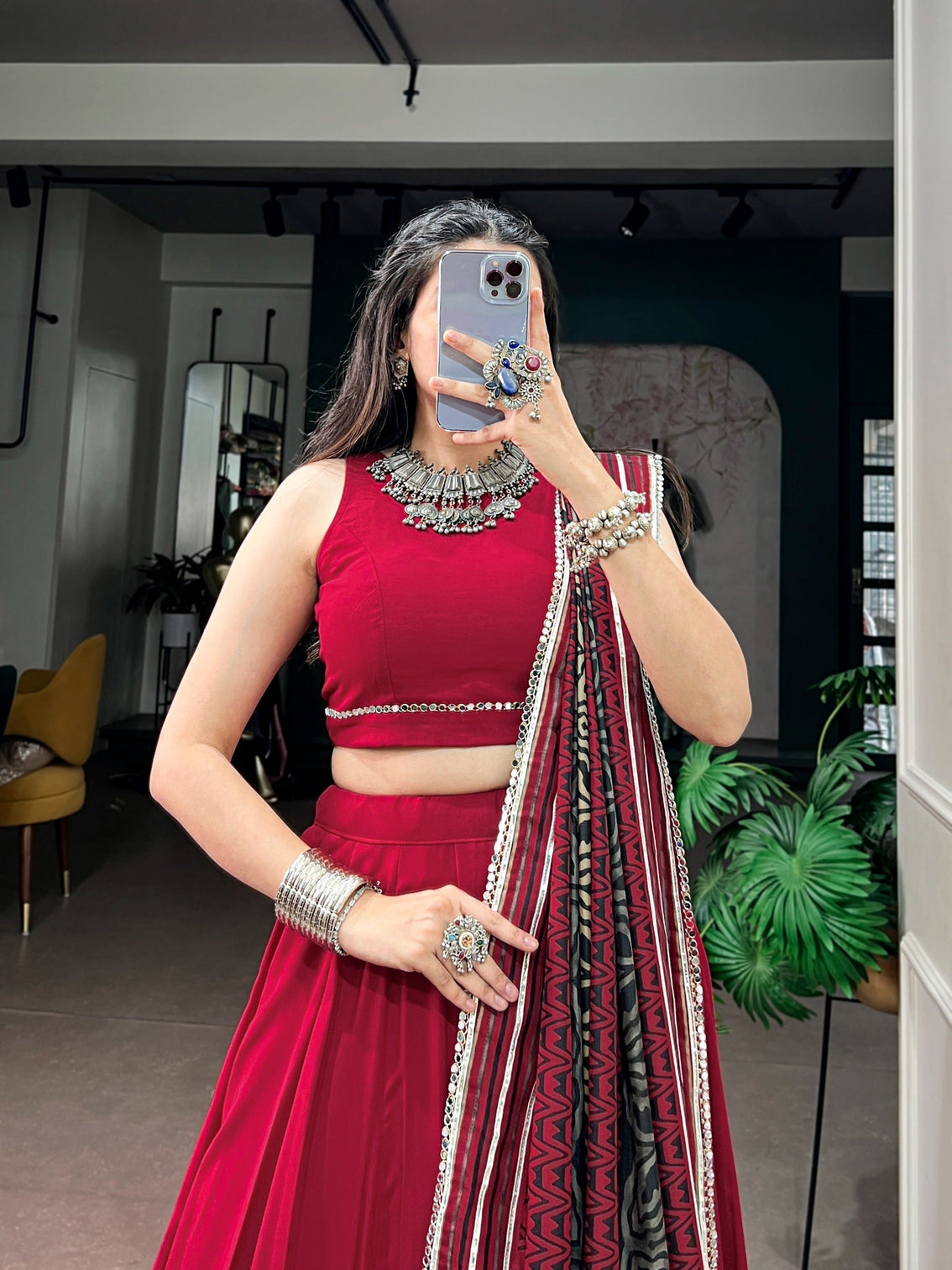 Red Lehenga Choli with Mirror Work