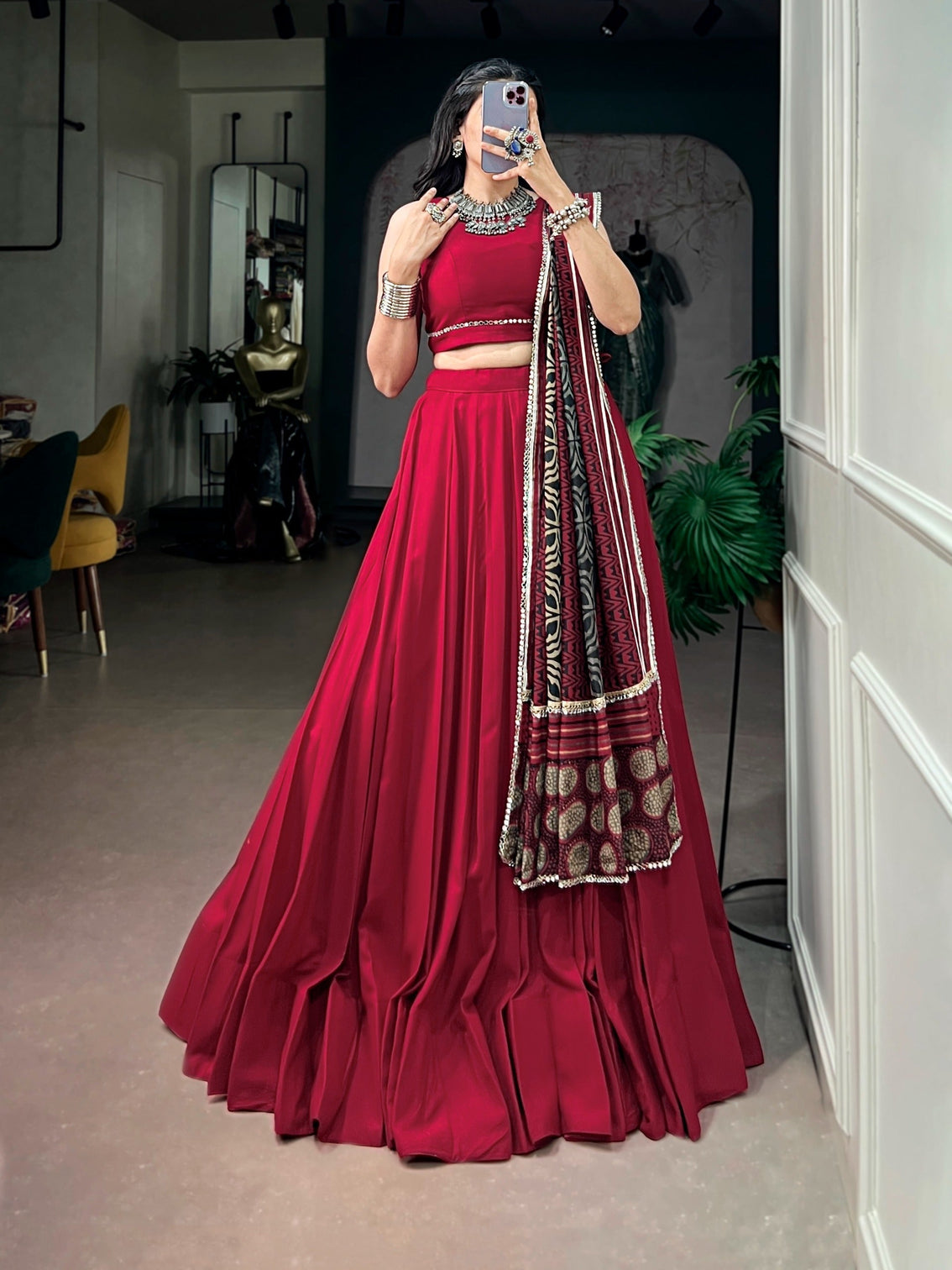 Red Lehenga Choli with Mirror Work