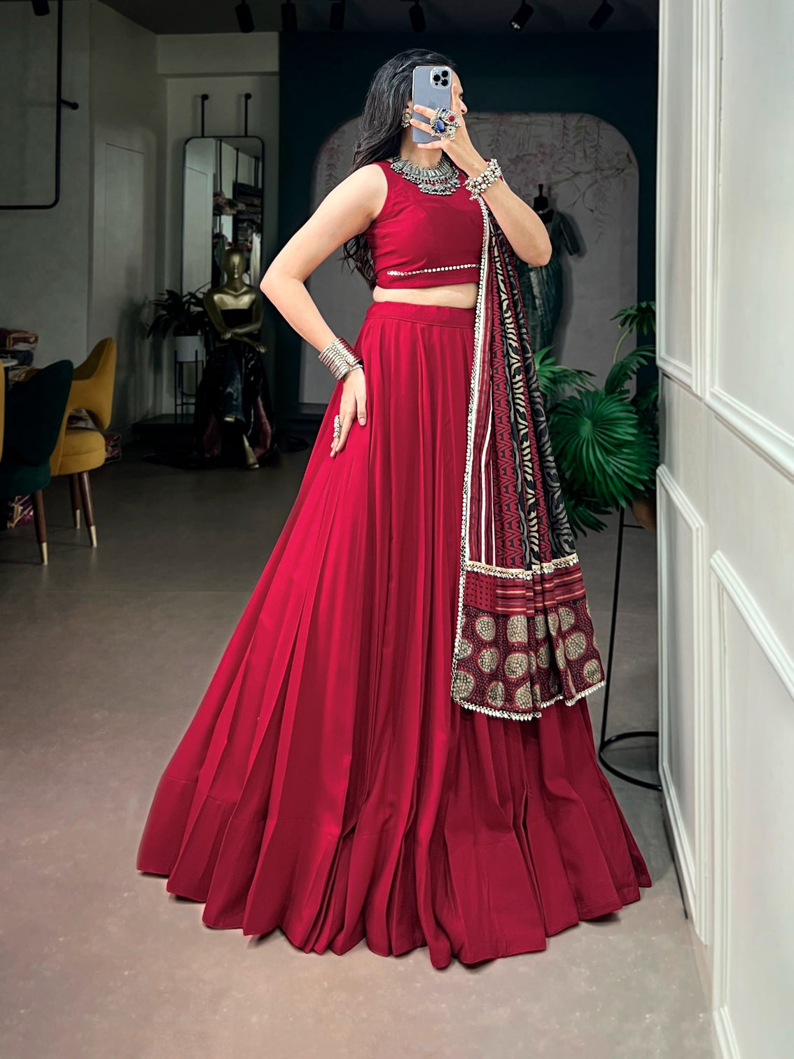 Red Lehenga Choli with Mirror Work