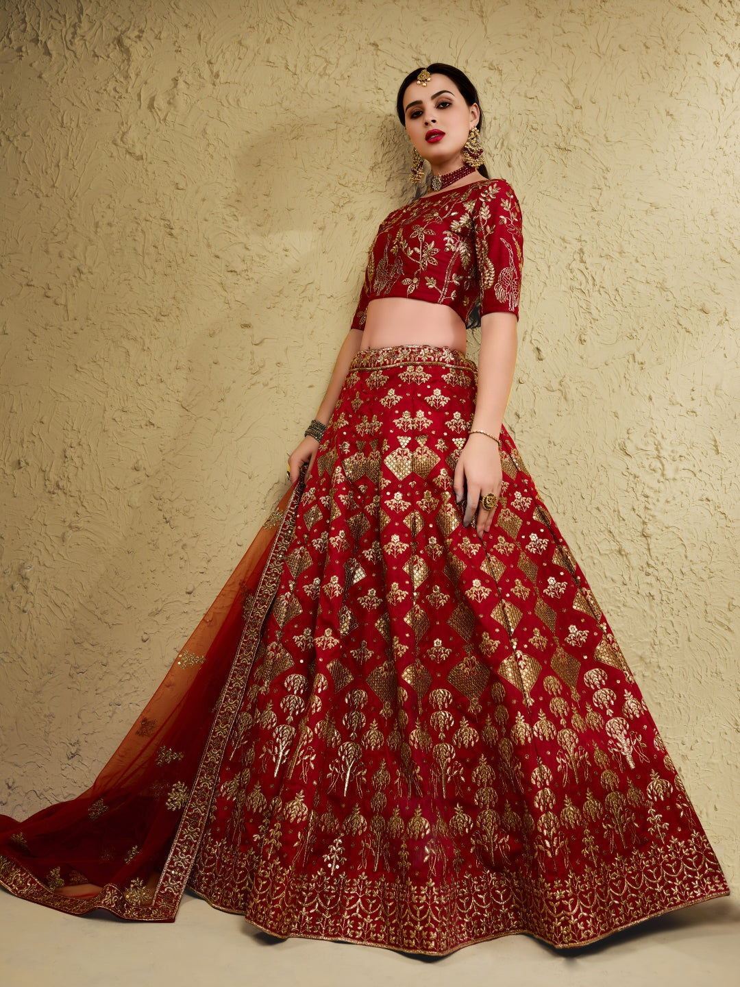 Red Art Silk Lehenga Choli with Zari & Sequin Embroidery