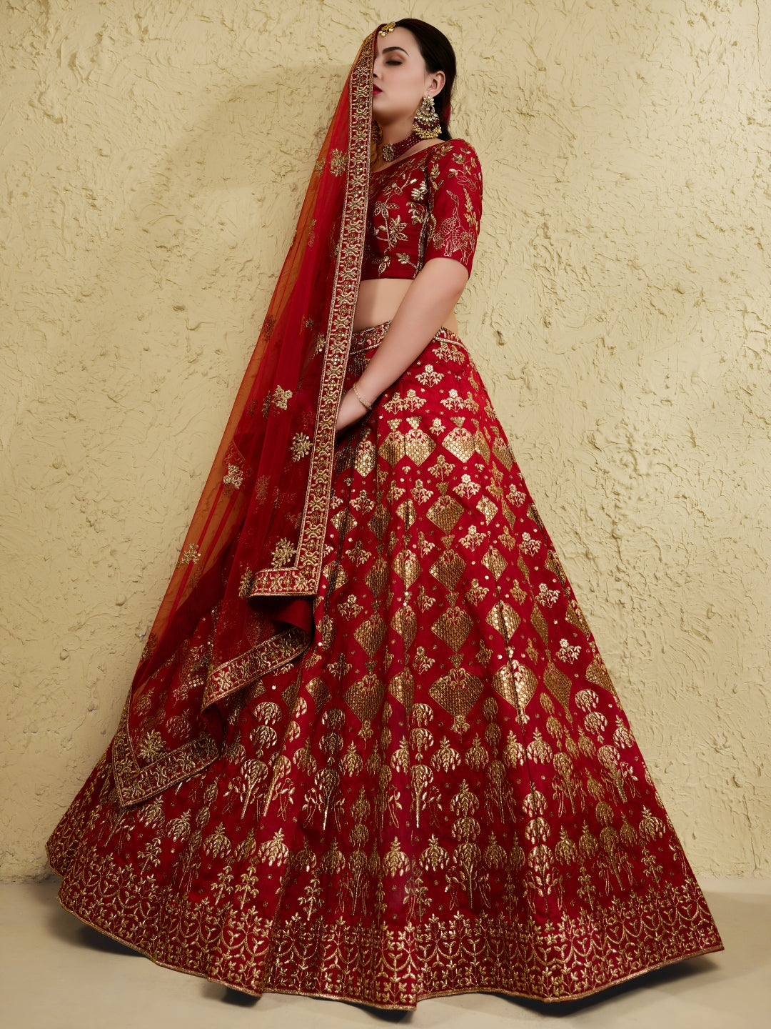 Red Art Silk Lehenga Choli with Zari & Sequin Embroidery