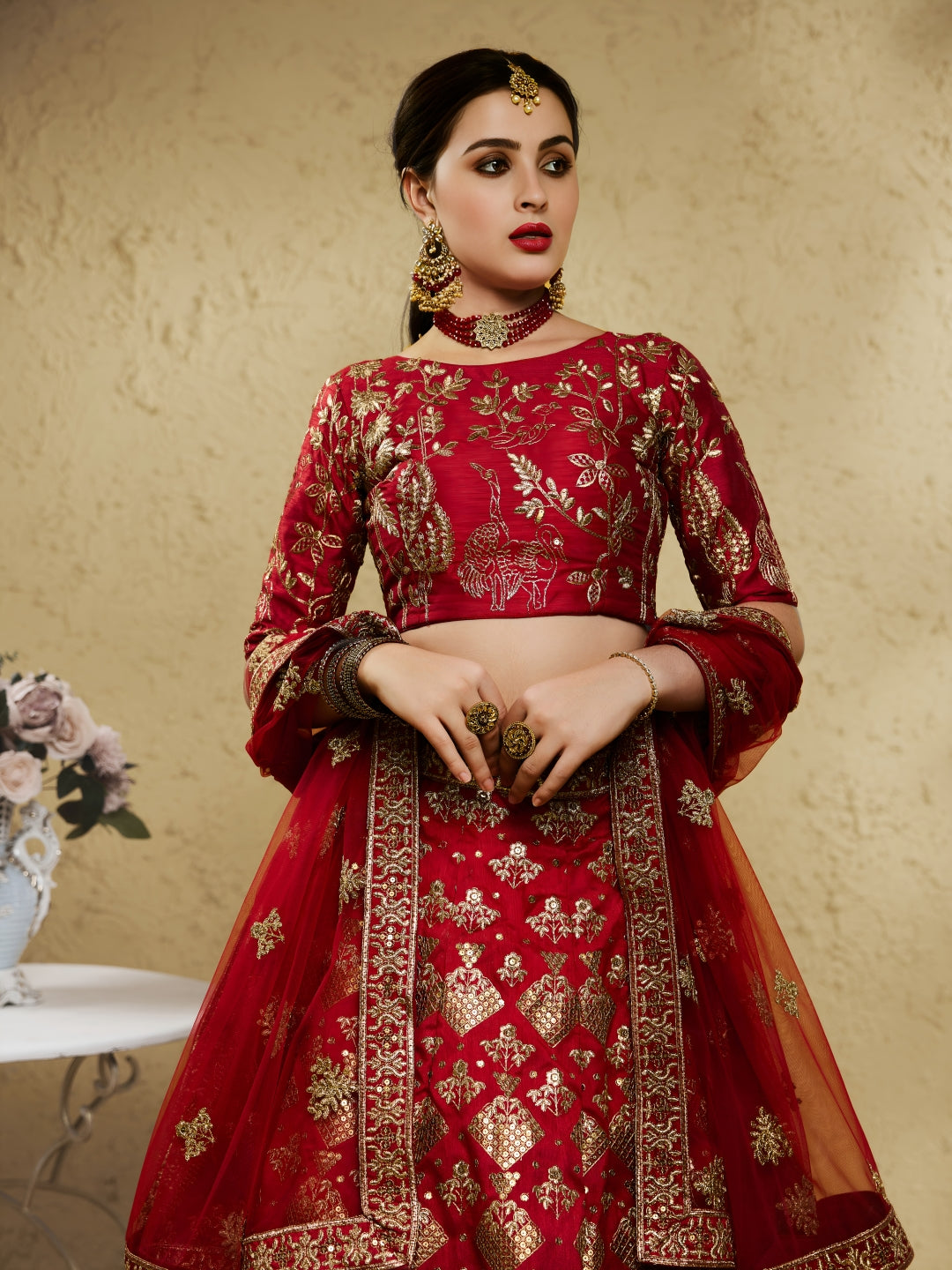 Red Art Silk Lehenga Choli with Zari & Sequin Embroidery