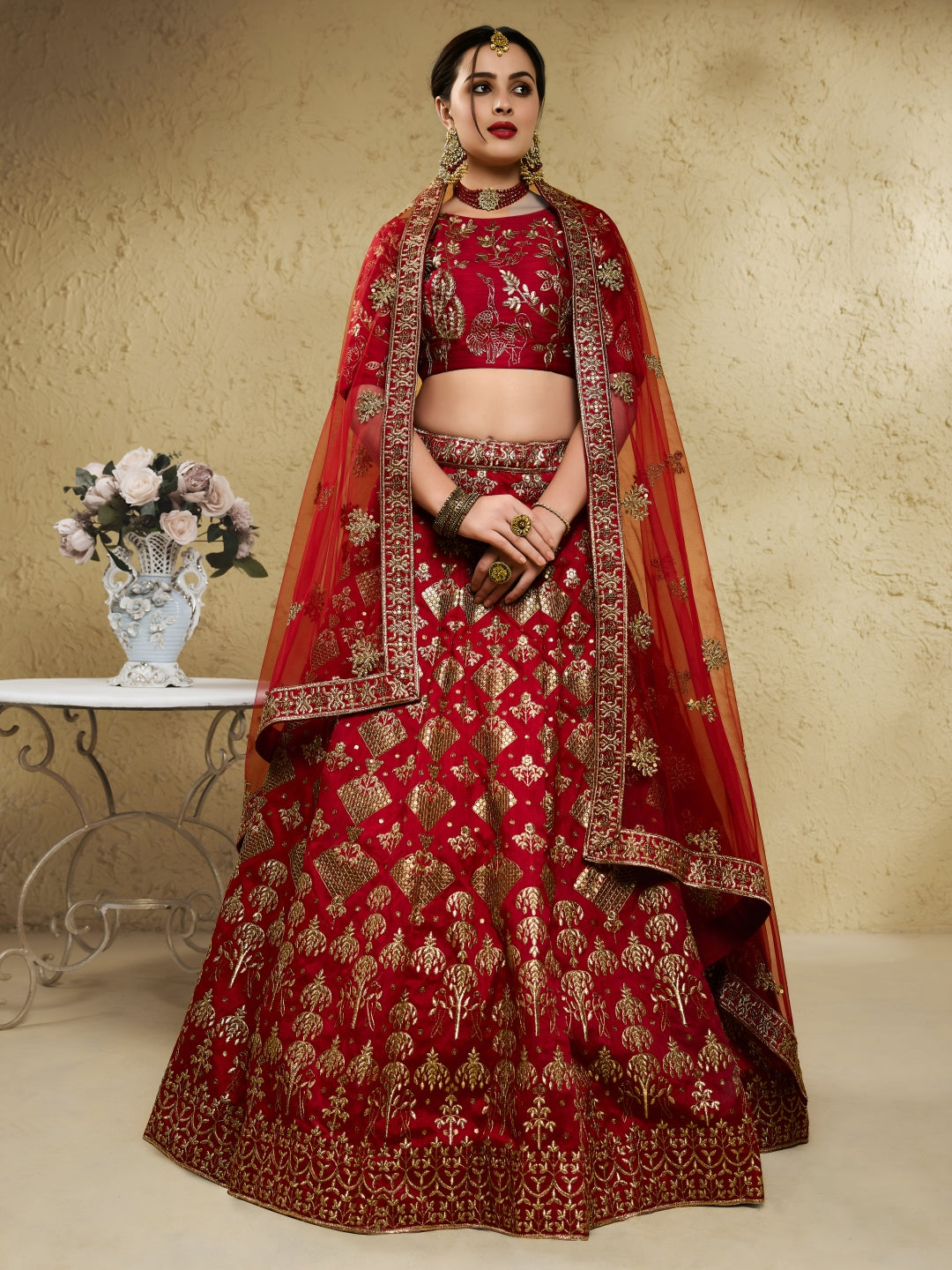 Red Art Silk Lehenga Choli with Zari & Sequin Embroidery