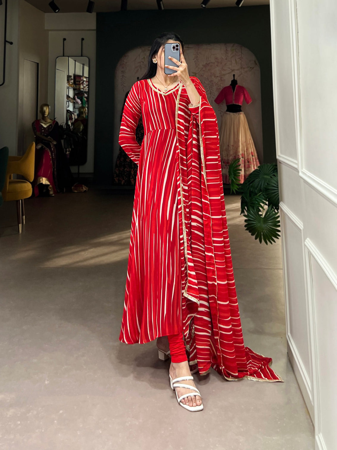Red Leheriya Georgette Gown with Dupatta – Festive Elegance with Lace Touch-Up