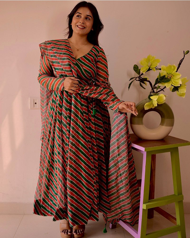 Red Leheriya Printed Anarkali Suit