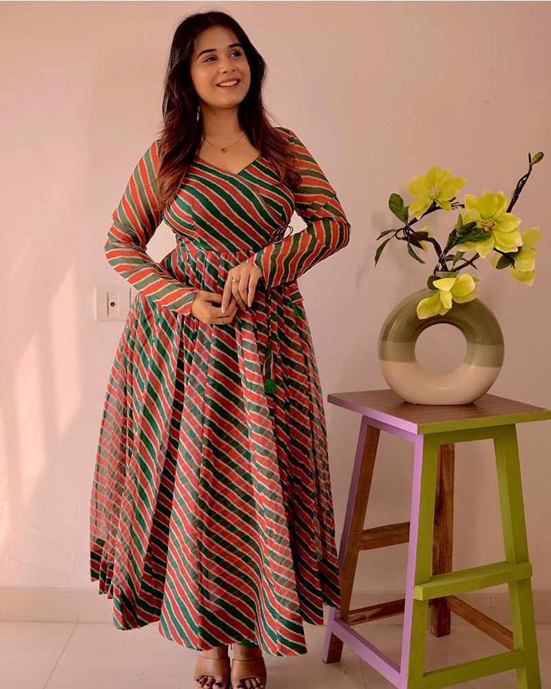 Red Leheriya Printed Anarkali Suit