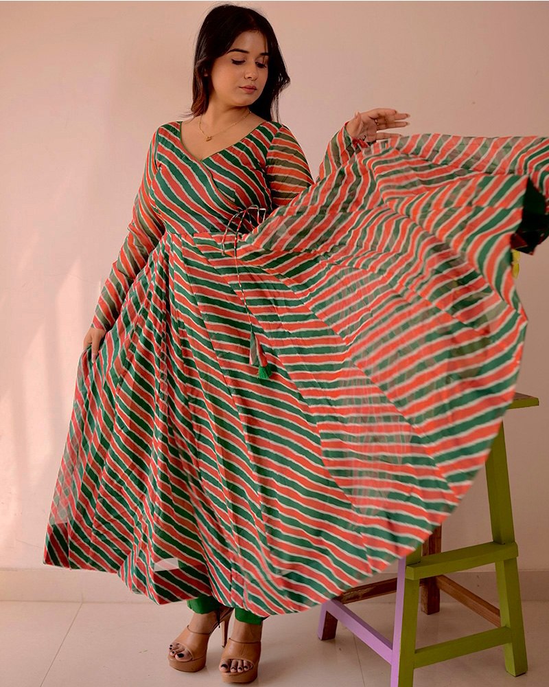 Red Leheriya Printed Anarkali Suit