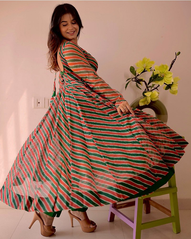 Red Leheriya Printed Anarkali Suit