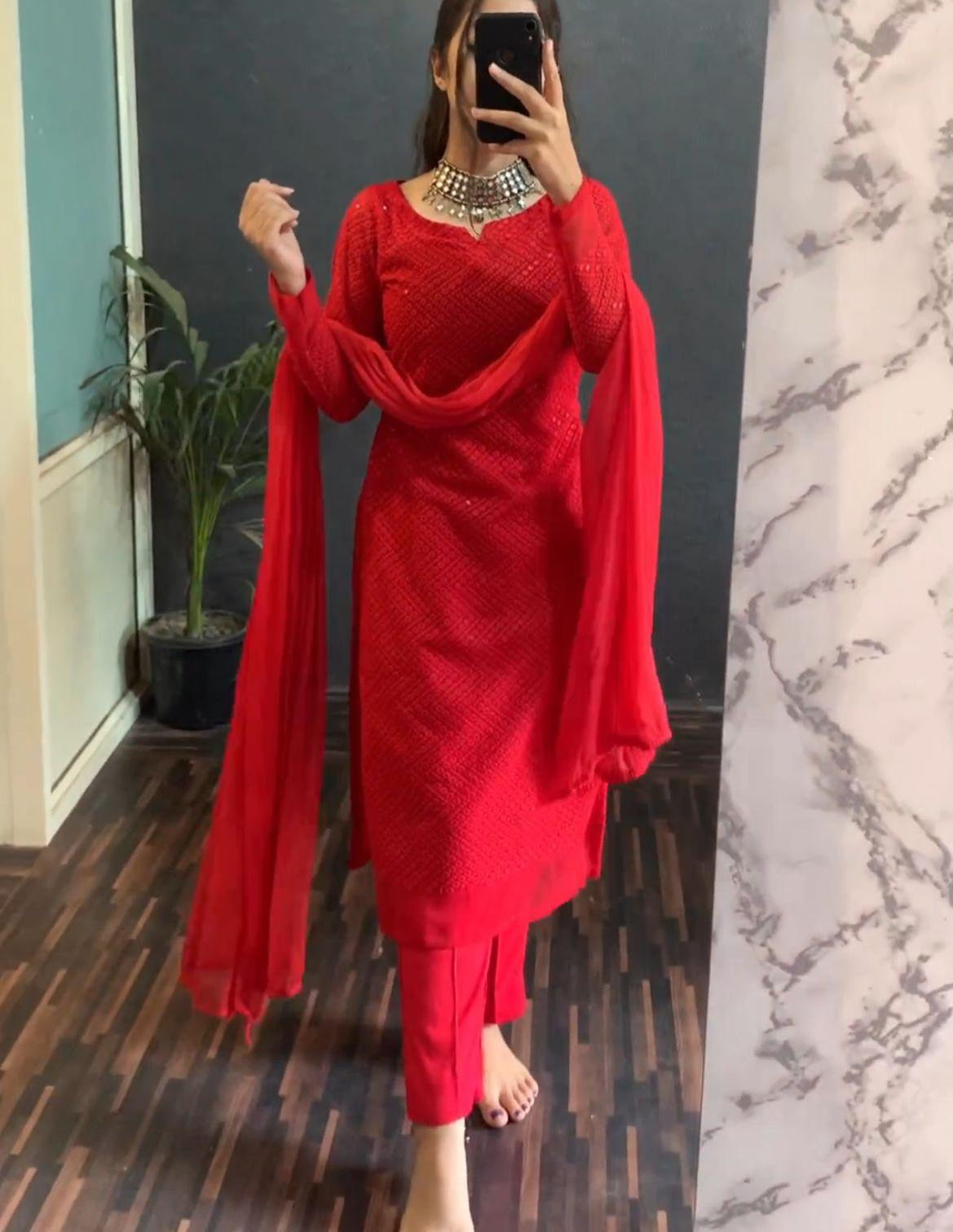 Red Lucknowi Georgette Kurti Suit with Palazzo & Organza Dupatta