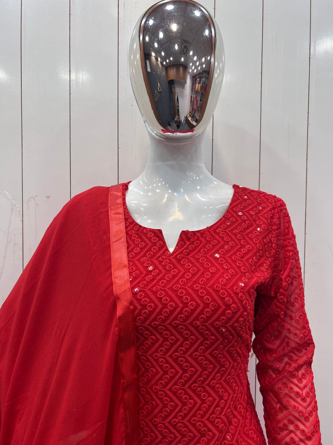 Red Lucknowi Georgette Kurti Suit with Palazzo & Organza Dupatta