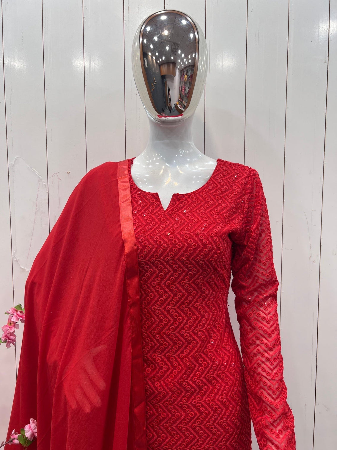 Red Lucknowi Georgette Kurti Suit with Palazzo & Organza Dupatta
