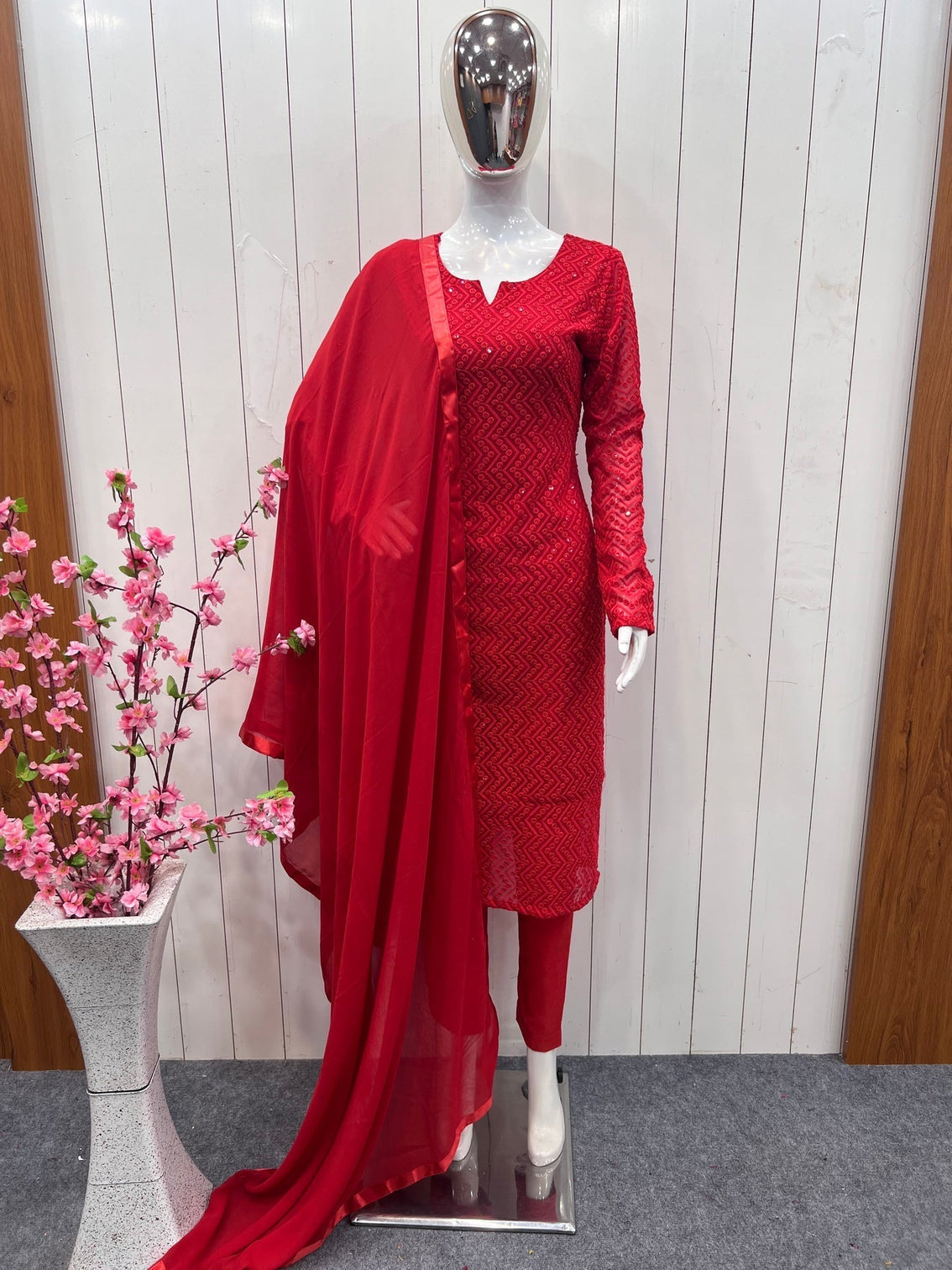 Red Lucknowi Georgette Kurti Suit with Palazzo & Organza Dupatta