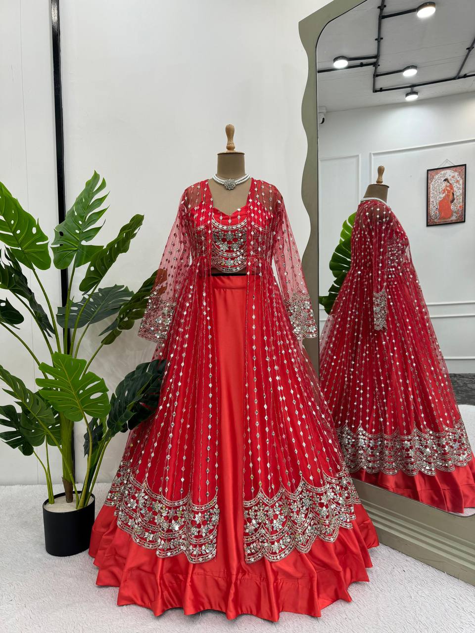 Red Luxe Radiance Lehenga Choli Set with Stylish Koti – Japan Satin & Butterfly Net with Sequin Embroidery