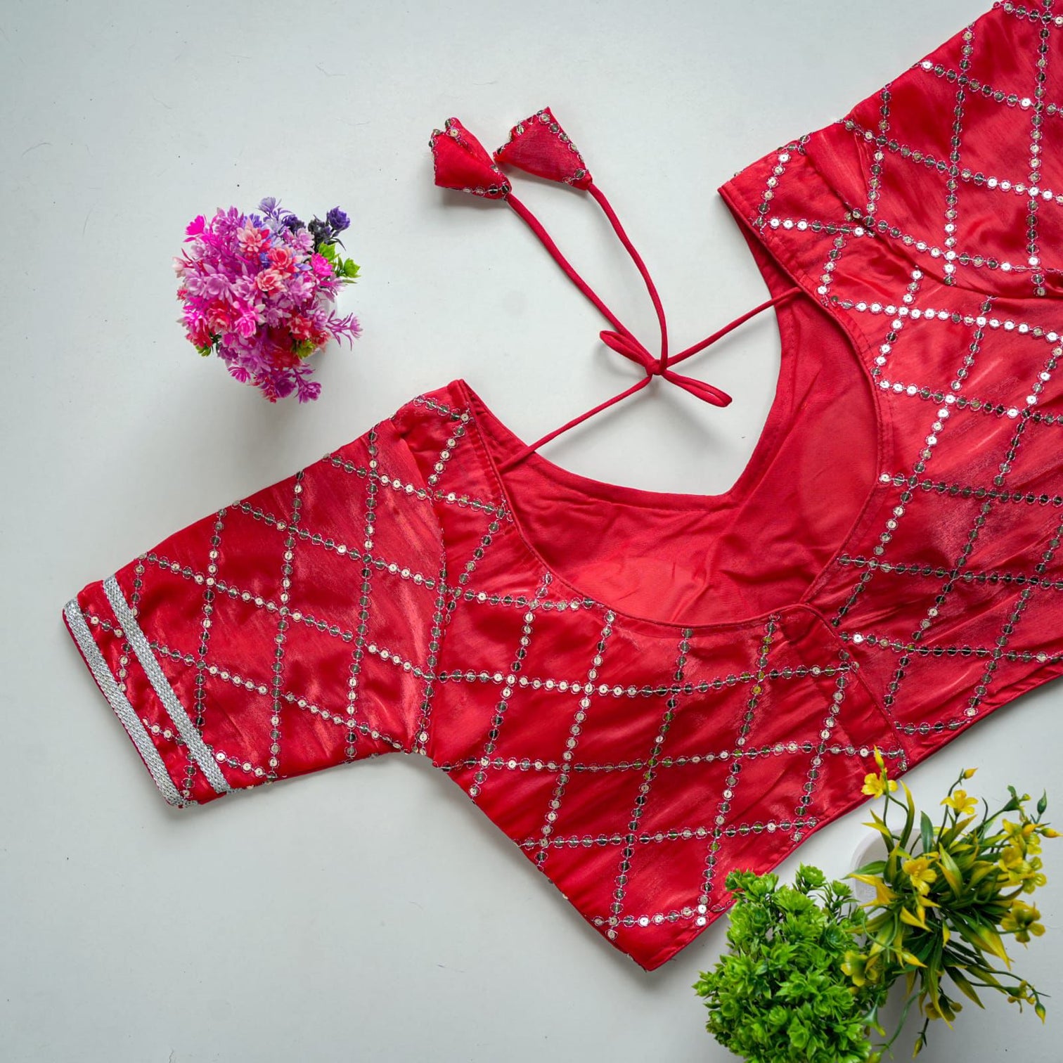 Red Metalic Blouse with Exquisite Sequence Embroidery