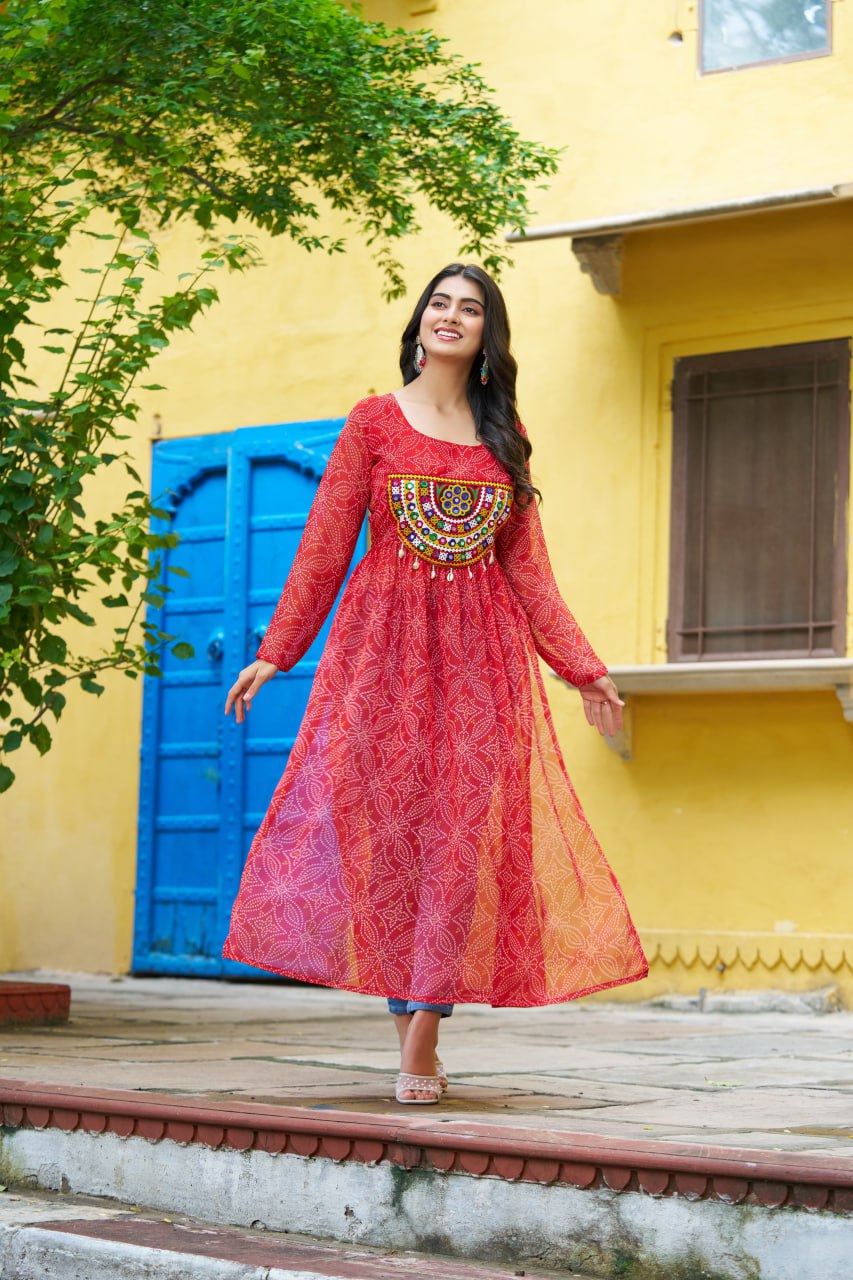 Red Navratri Special Bandhej Print Kurti with Kutchi Patch Work