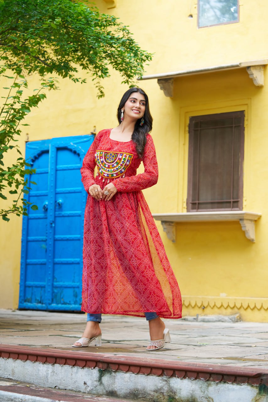 Red Navratri Special Bandhej Print Kurti with Kutchi Patch Work