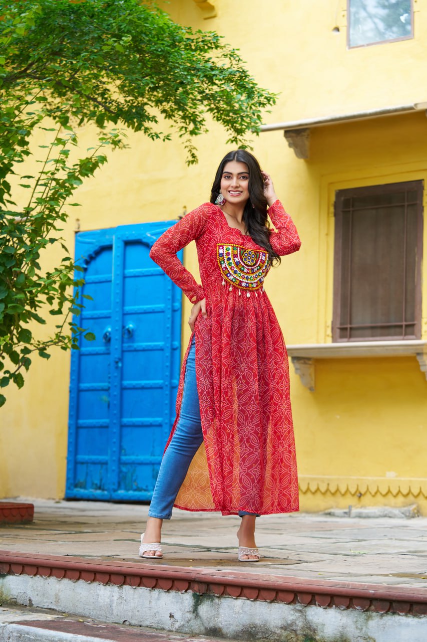 Red Navratri Special Bandhej Print Kurti with Kutchi Patch Work