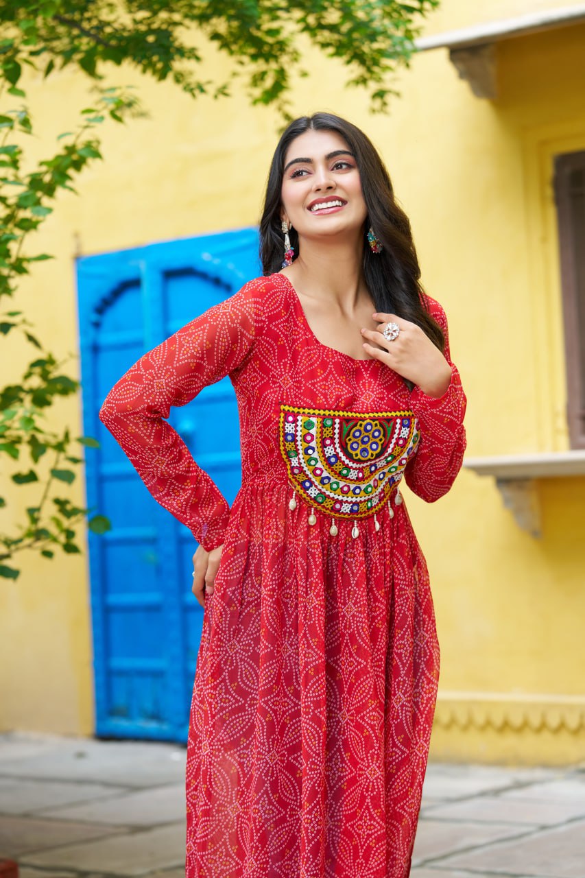 Red Navratri Special Bandhej Print Kurti with Kutchi Patch Work