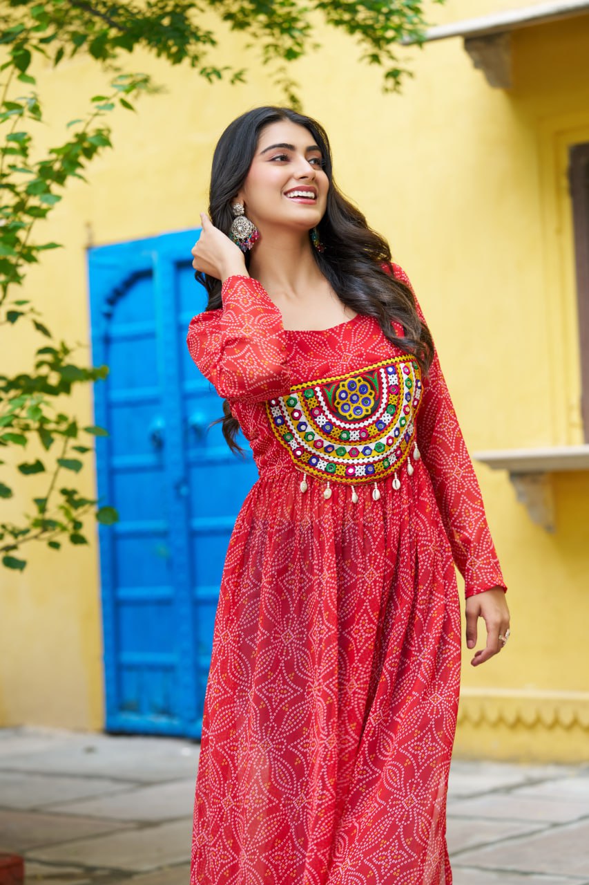 Red Navratri Special Bandhej Print Kurti with Kutchi Patch Work