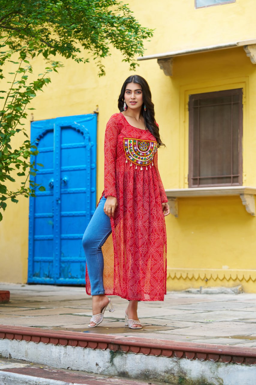 Red Navratri Special Bandhej Print Kurti with Kutchi Patch Work
