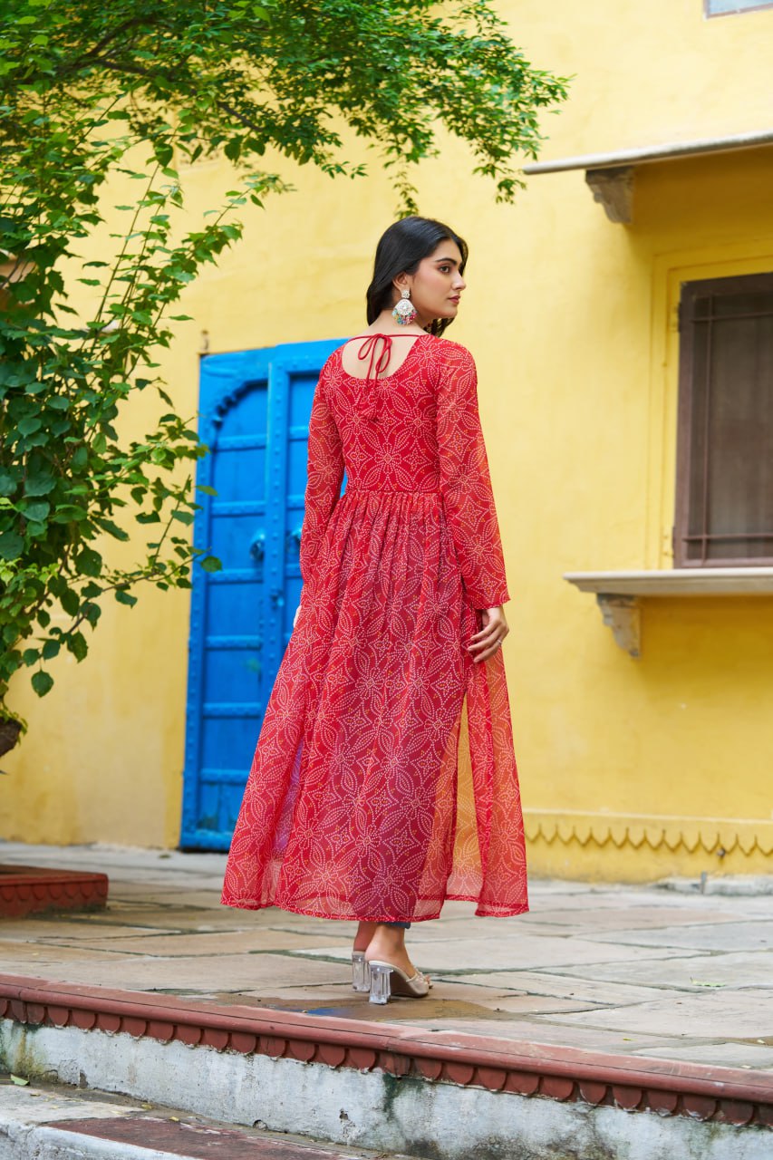 Red Navratri Special Bandhej Print Kurti with Kutchi Patch Work