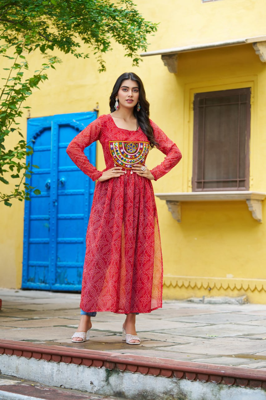 Red Navratri Special Bandhej Print Kurti with Kutchi Patch Work