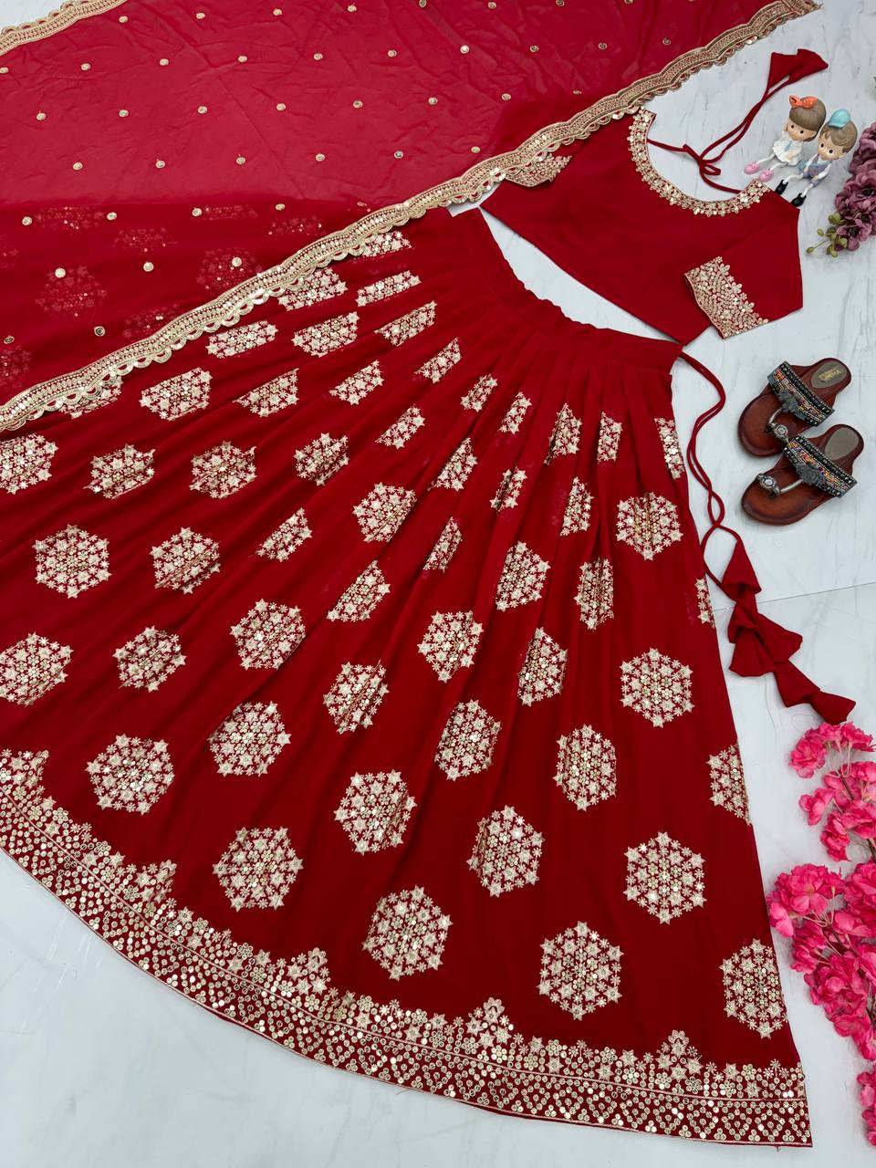 Red Designer Lehenga-Choli with Heavy Embroidery & Sequence Work