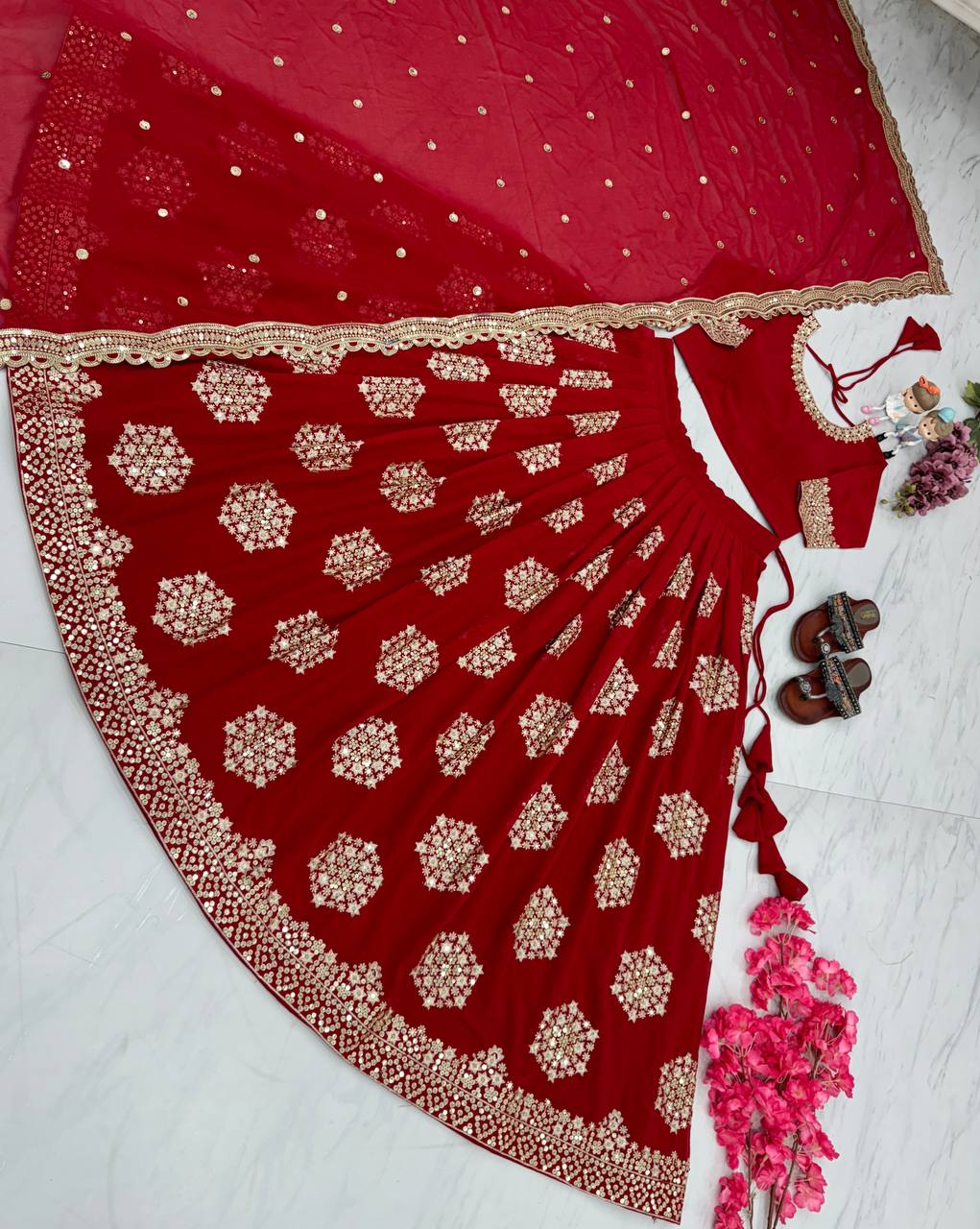 Red Designer Lehenga-Choli with Heavy Embroidery & Sequence Work