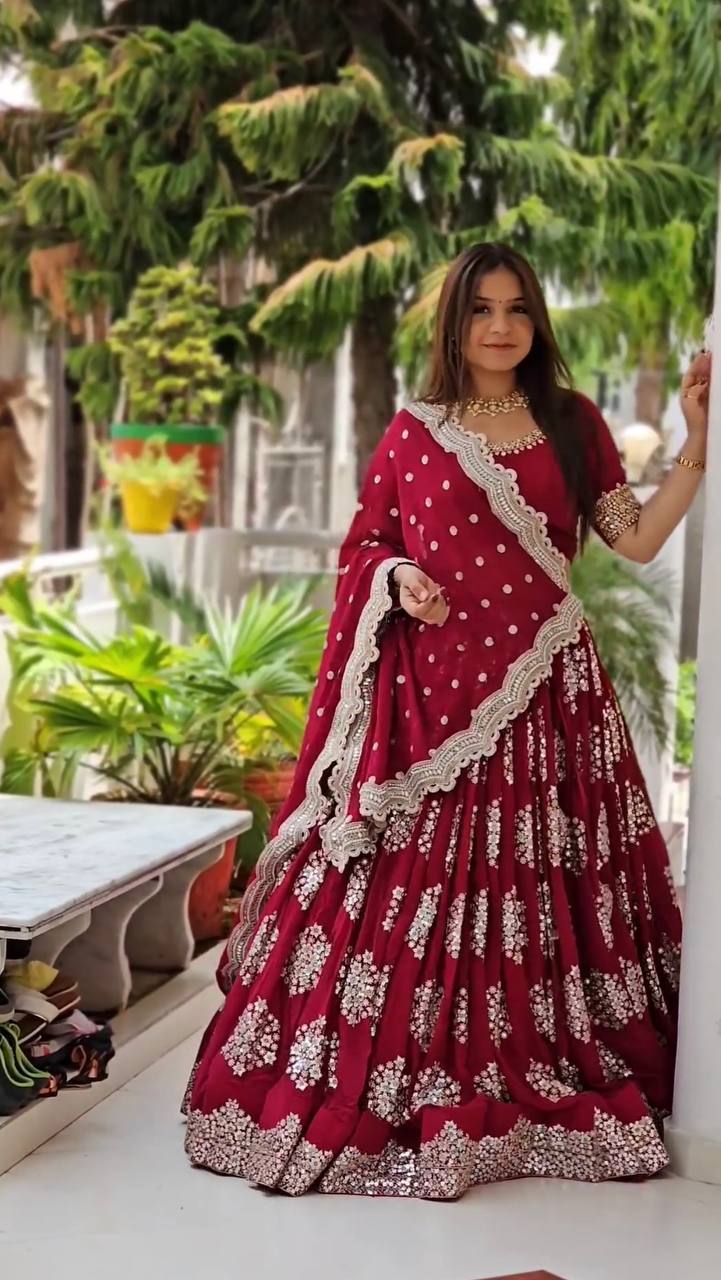Red Designer Lehenga-Choli with Heavy Embroidery & Sequence Work