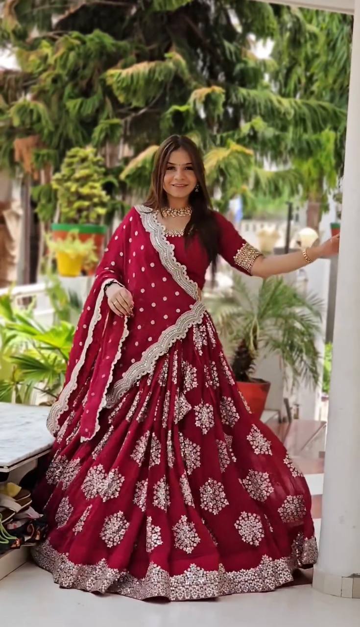 Red Designer Lehenga-Choli with Heavy Embroidery & Sequence Work