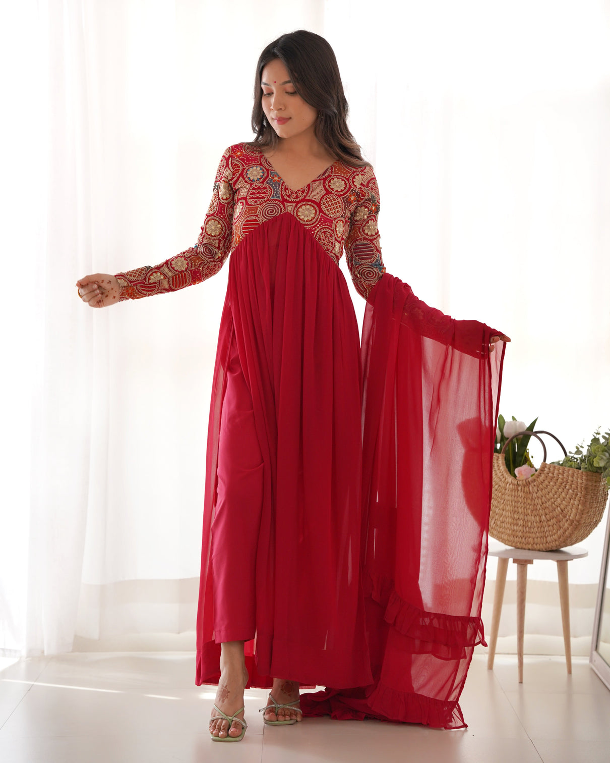 Red New Naira Alia Cut Fit Embroidery Kurta with Dupatta Set – Ready to Wear
