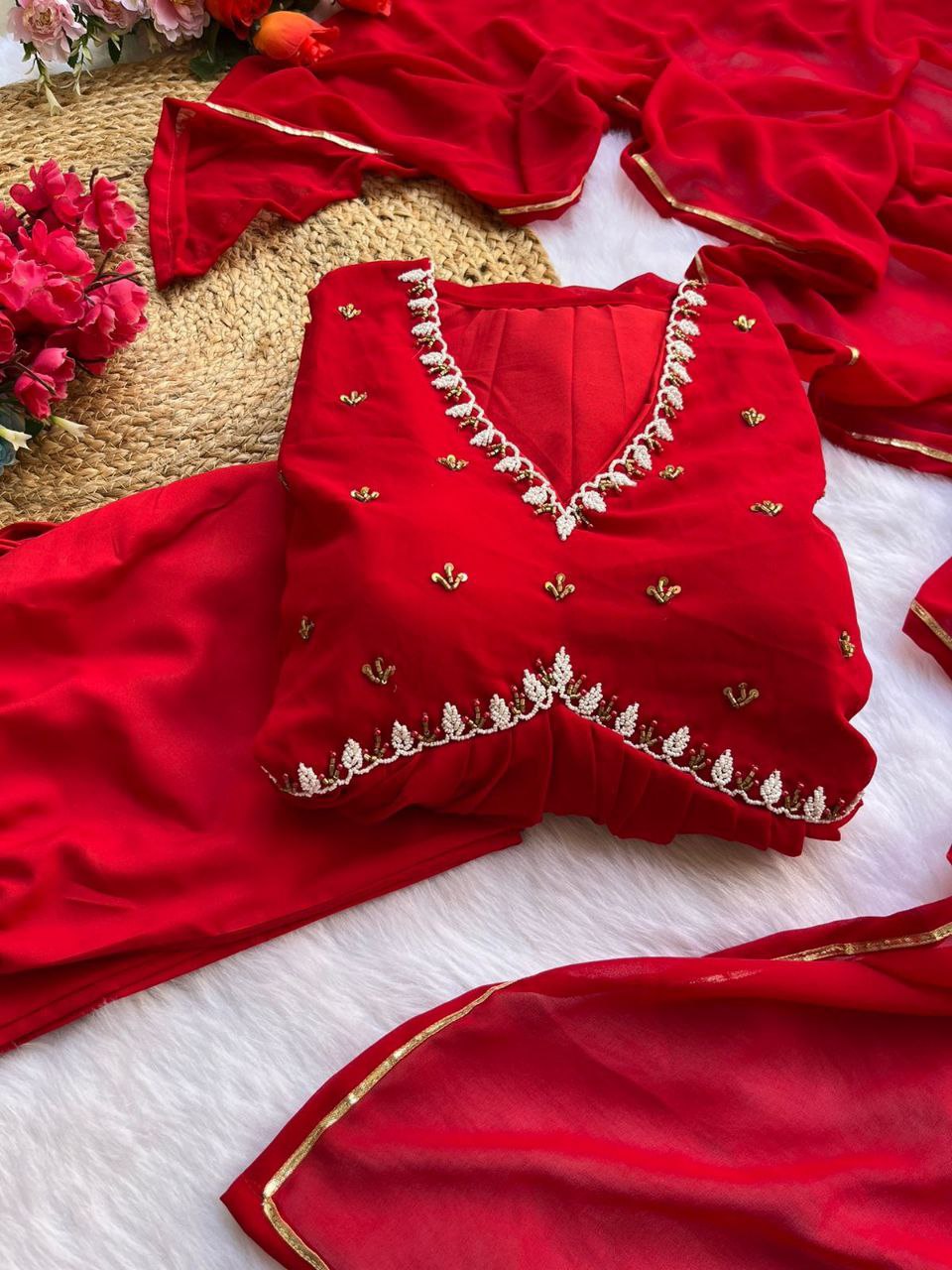 Red New Party Wear Fox Georgette Gown with Dupatta & Pant