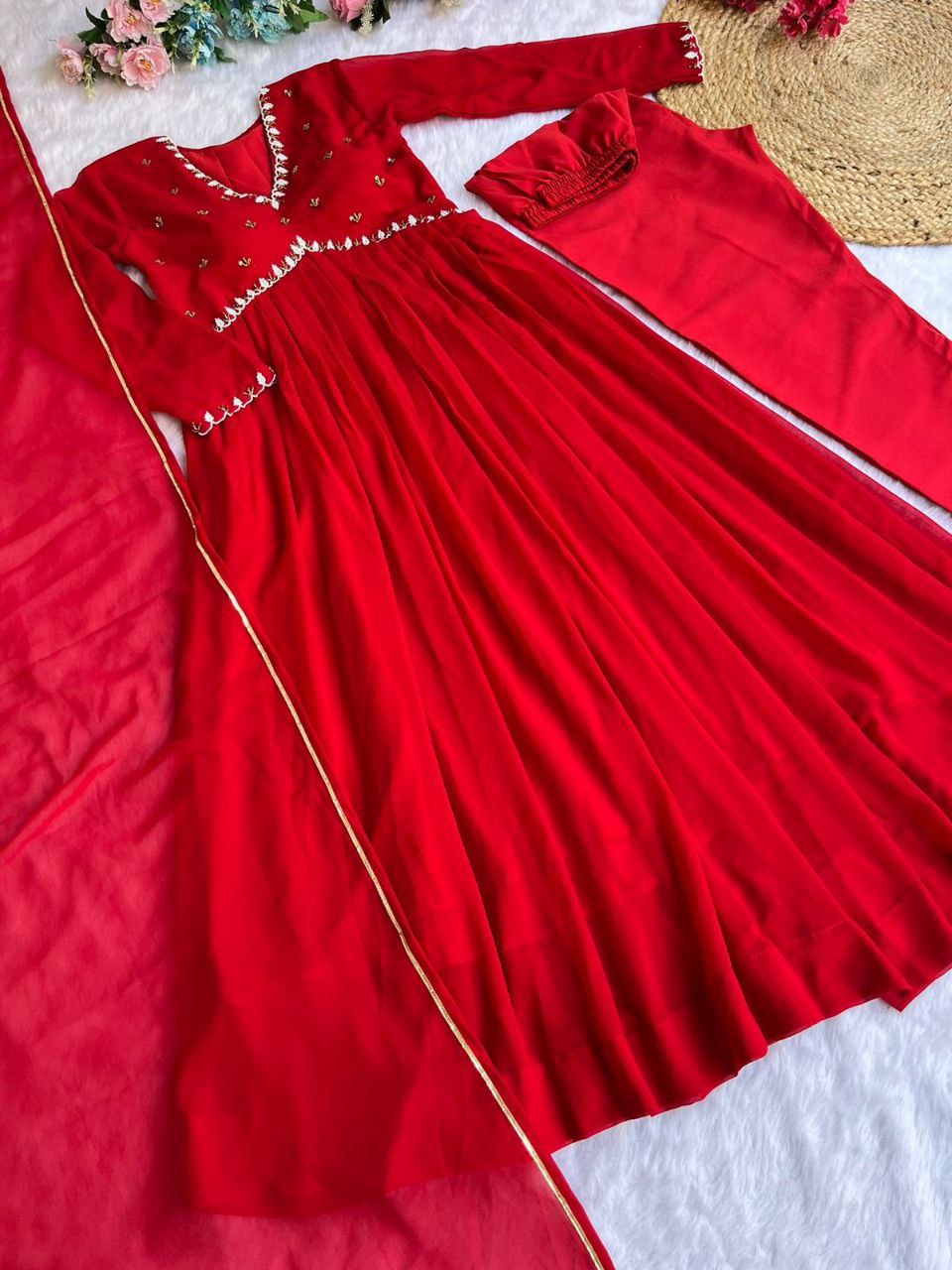 Red New Party Wear Fox Georgette Gown with Dupatta & Pant