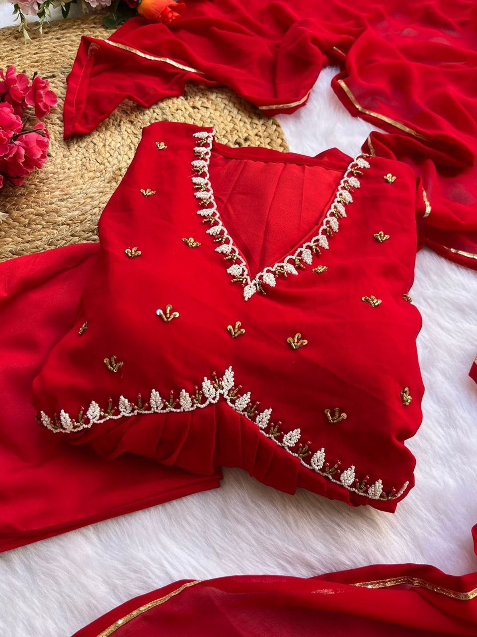 Red New Party Wear Fox Georgette Gown with Dupatta & Pant