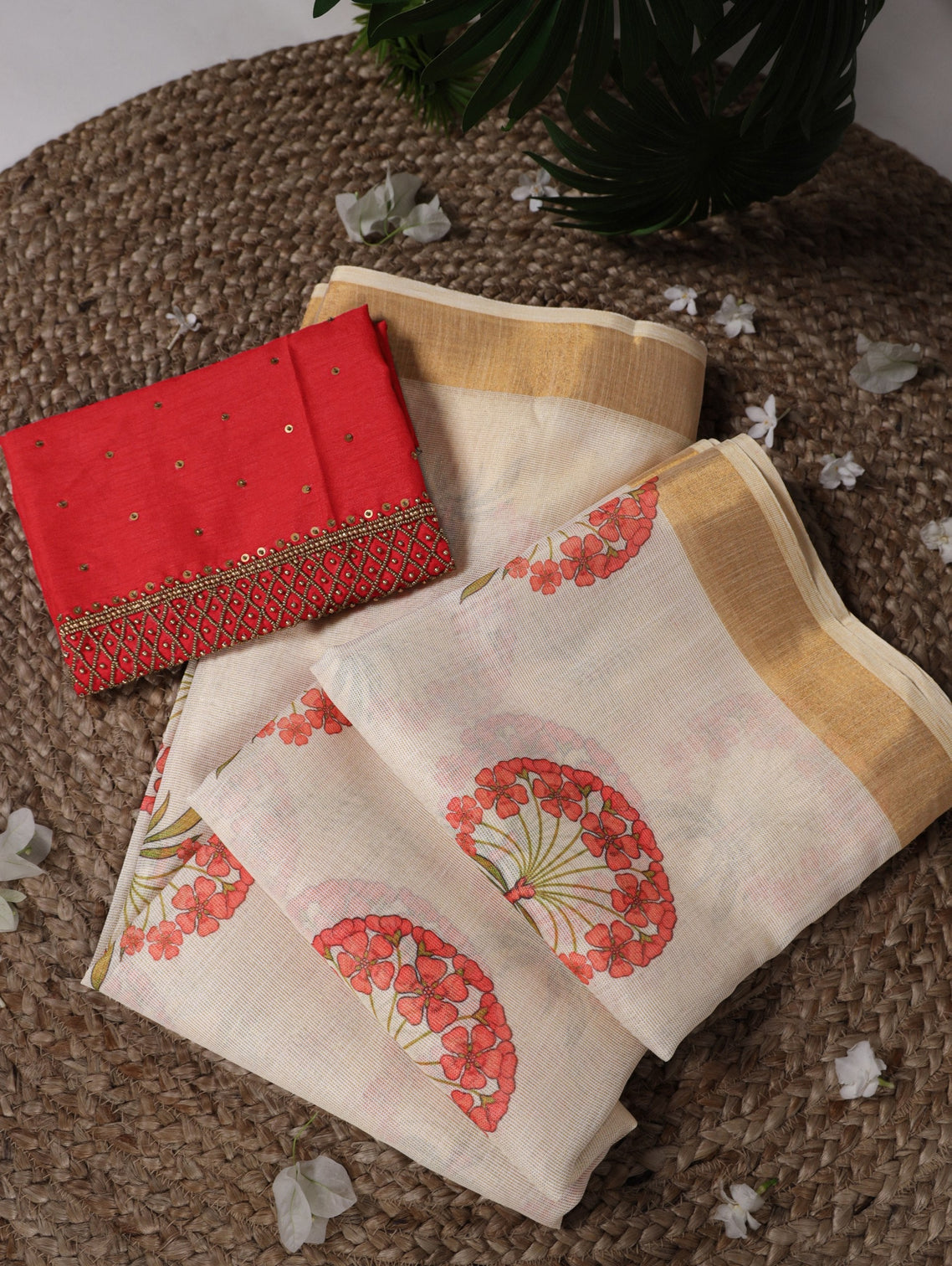 Red Onam Printed Saree with Banglory Bead Work Blouse