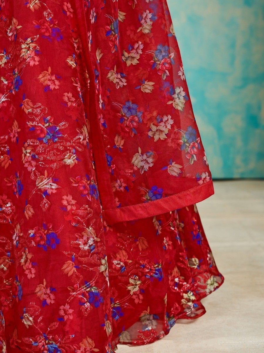 Red Organza Floral Lehenga Choli for Womens For Indian Festival & Weddings - Print Work, Mirror Work, Thread Embroidery Work