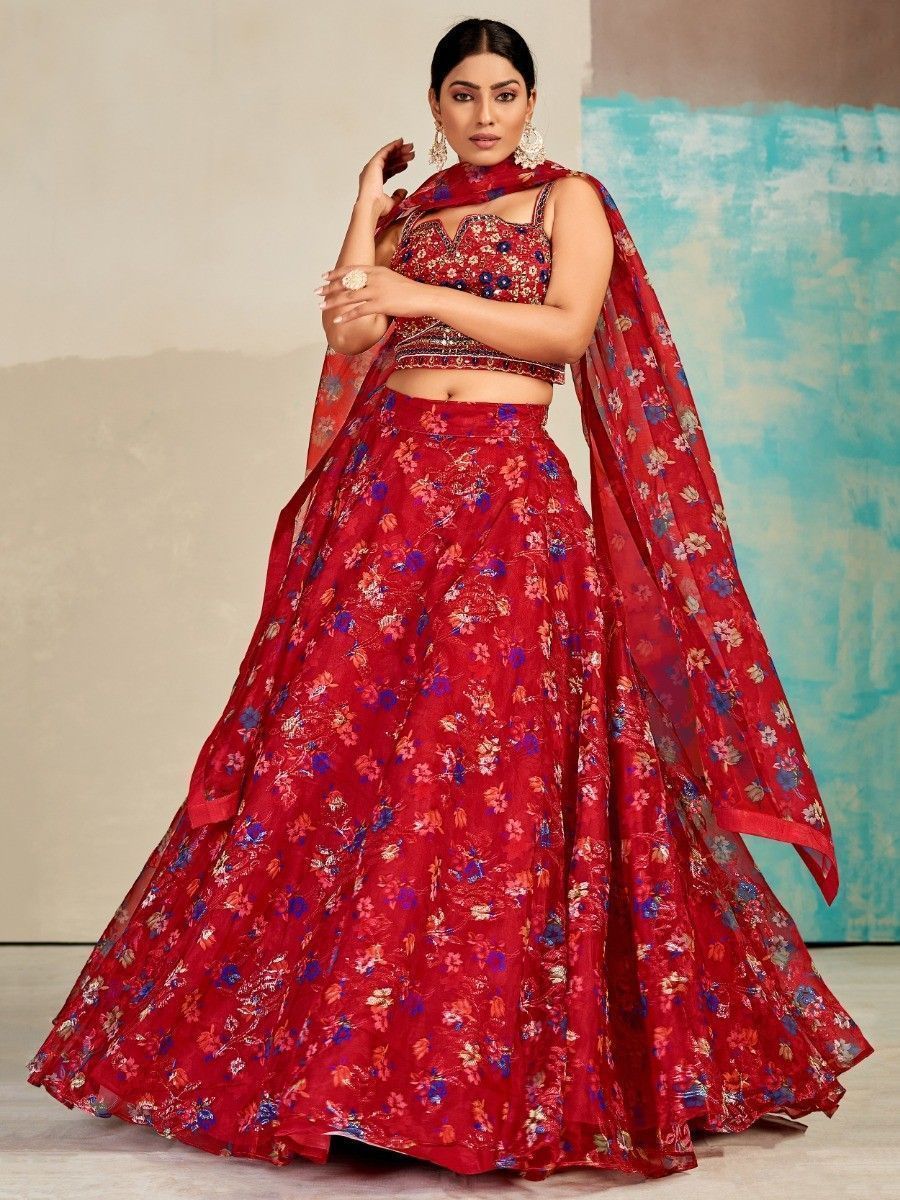 Red Organza Floral Lehenga Choli for Womens For Indian Festival & Weddings - Print Work, Mirror Work, Thread Embroidery Work