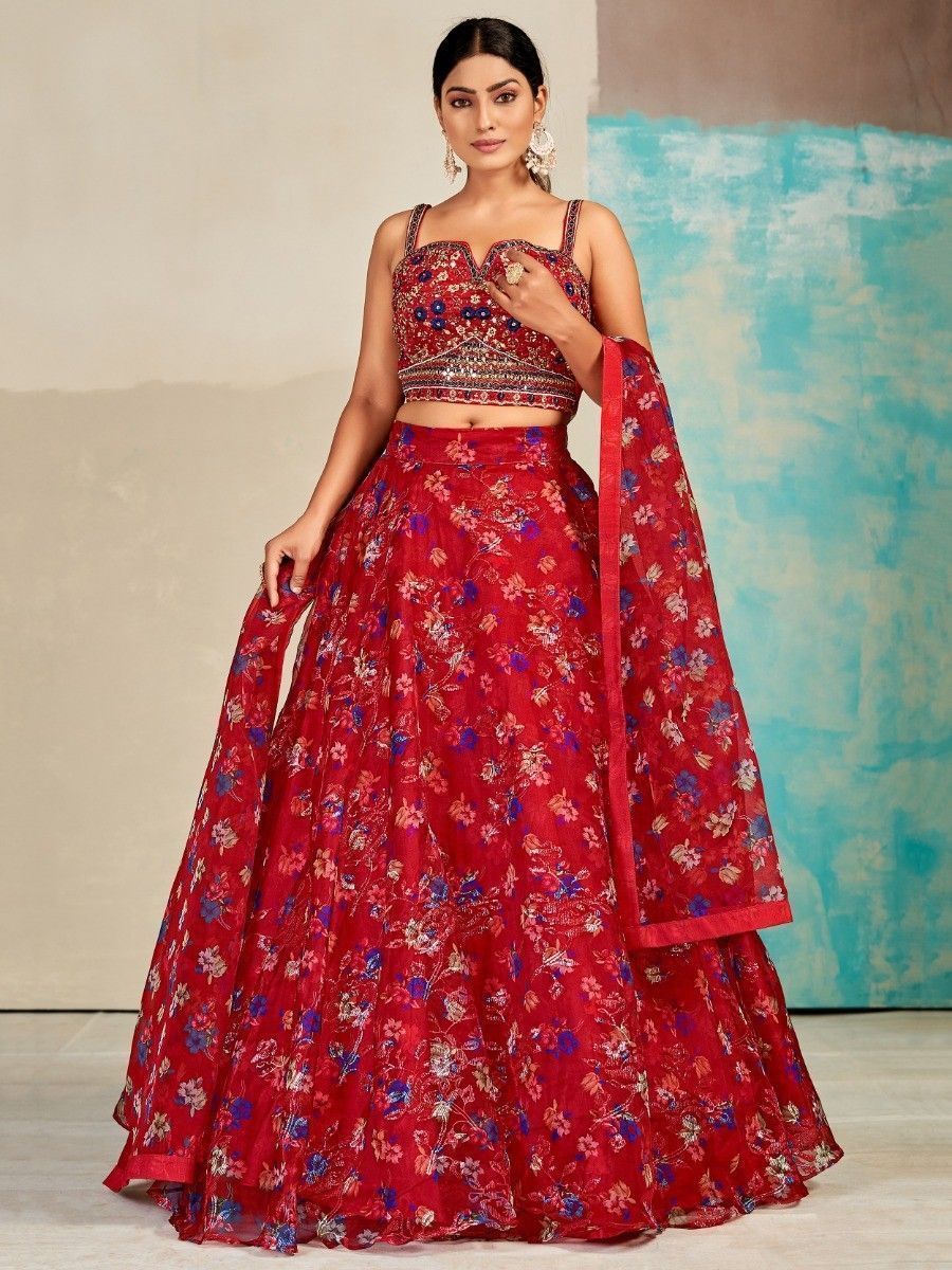 Red Organza Floral Lehenga Choli for Womens For Indian Festival & Weddings - Print Work, Mirror Work, Thread Embroidery Work