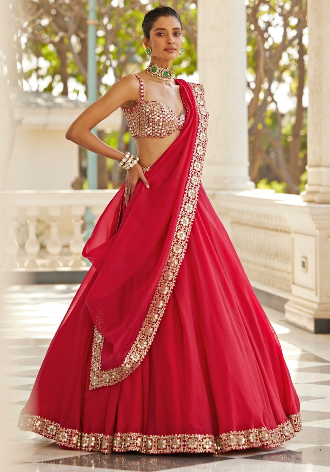 Red Organza Paper Mirror Work Lehenga Set