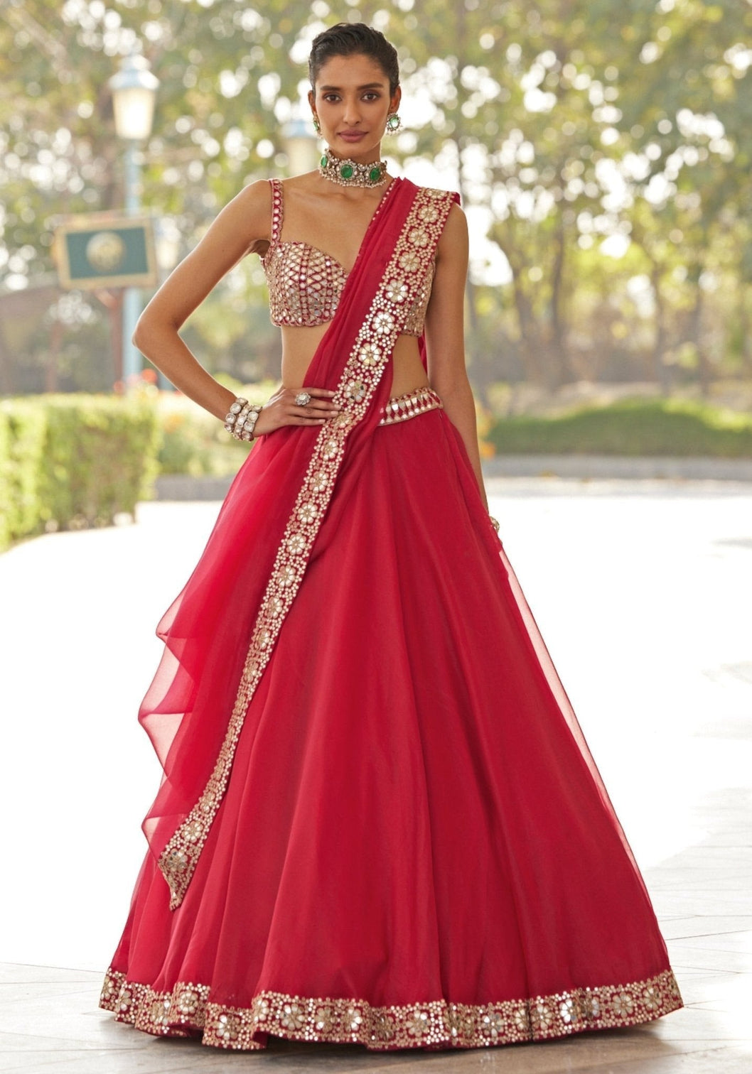 Red Organza Paper Mirror Work Lehenga Set
