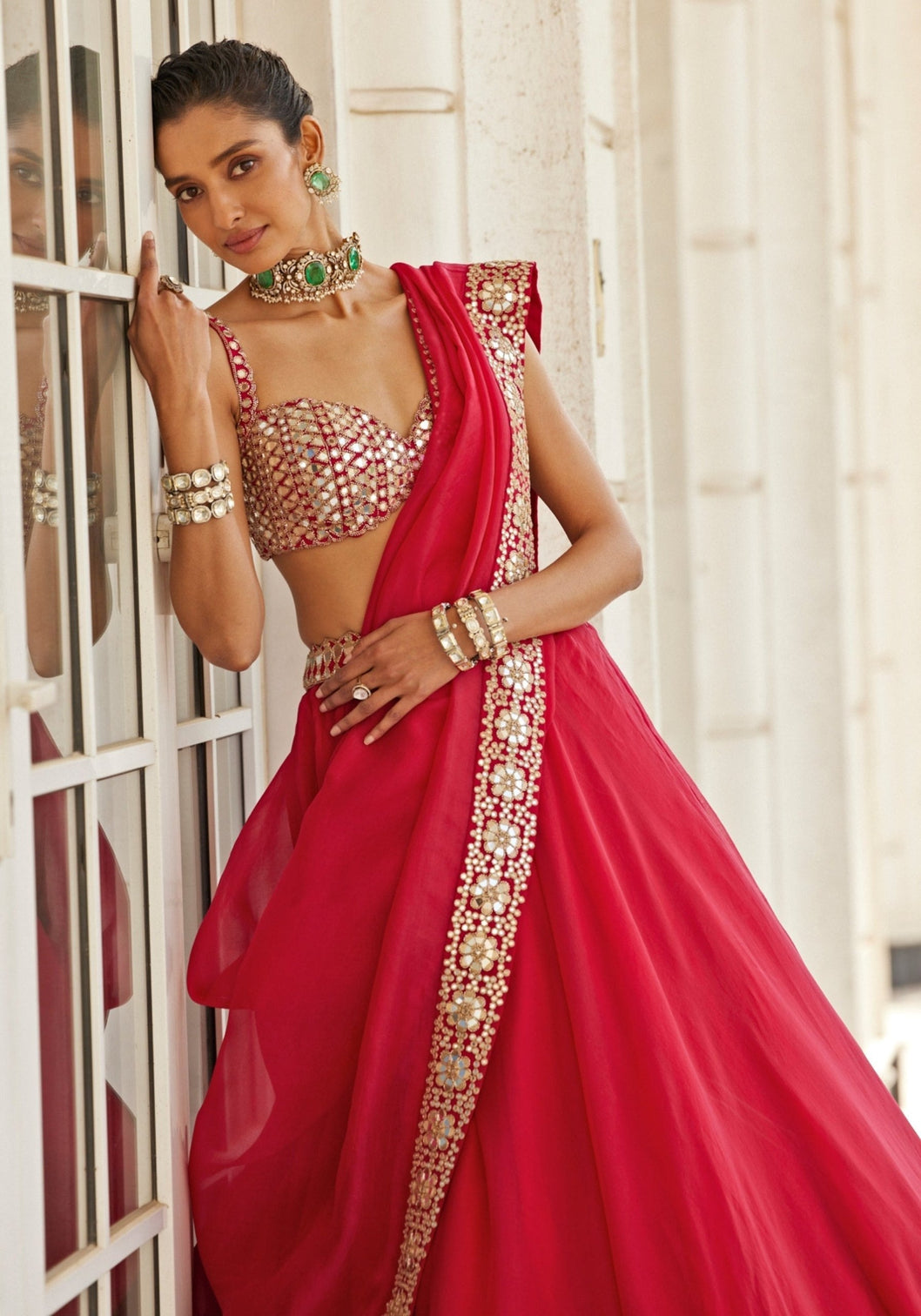 Red Organza Paper Mirror Work Lehenga Set
