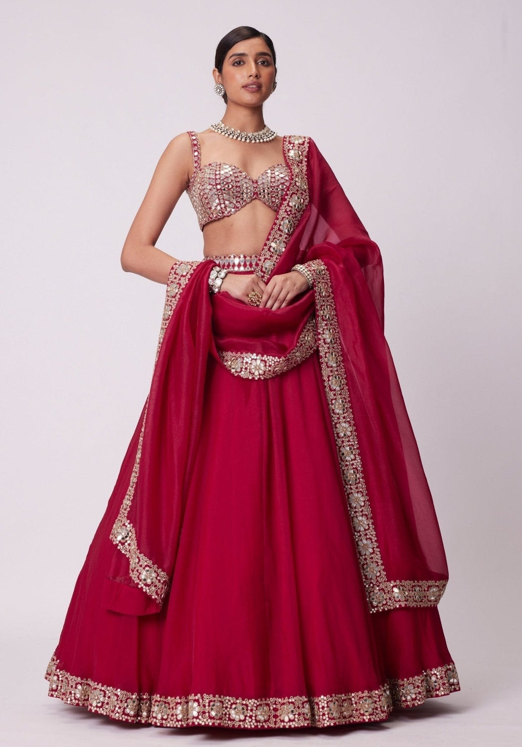 Red Organza Paper Mirror Work Lehenga Set
