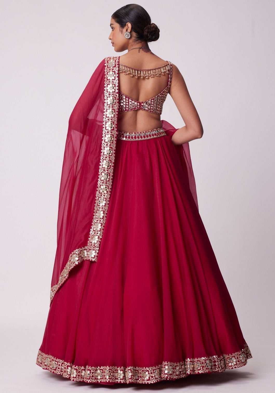 Red Organza Paper Mirror Work Lehenga Set