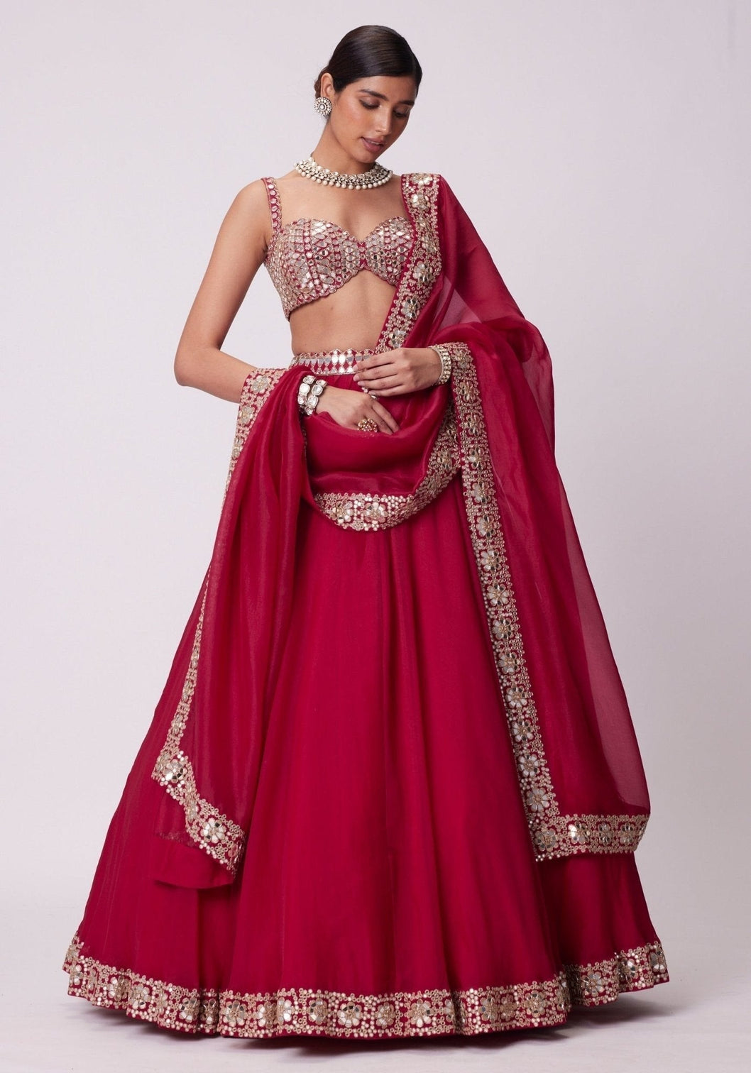 Red Organza Paper Mirror Work Lehenga Set
