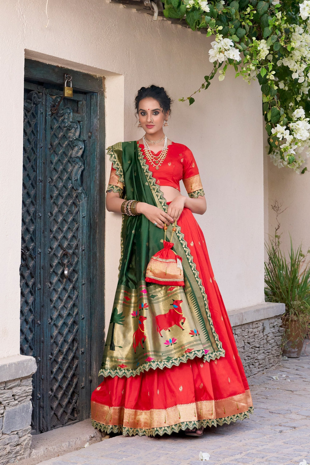Red Paithani Jacquard Silk Lehenga Set with Zari Weaving, Embroidery & Scallop