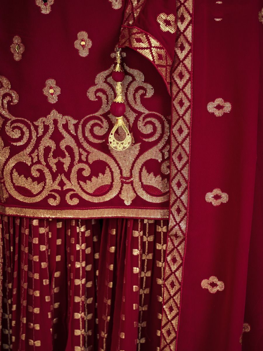 Red Pakistani Georgette Sharara For Indian Festivals & Weddings - Sequence Embroidery Work, Zari Work