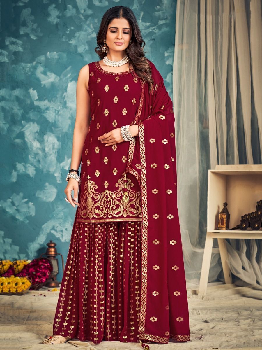 Red Pakistani Georgette Sharara For Indian Festivals & Weddings - Sequence Embroidery Work, Zari Work
