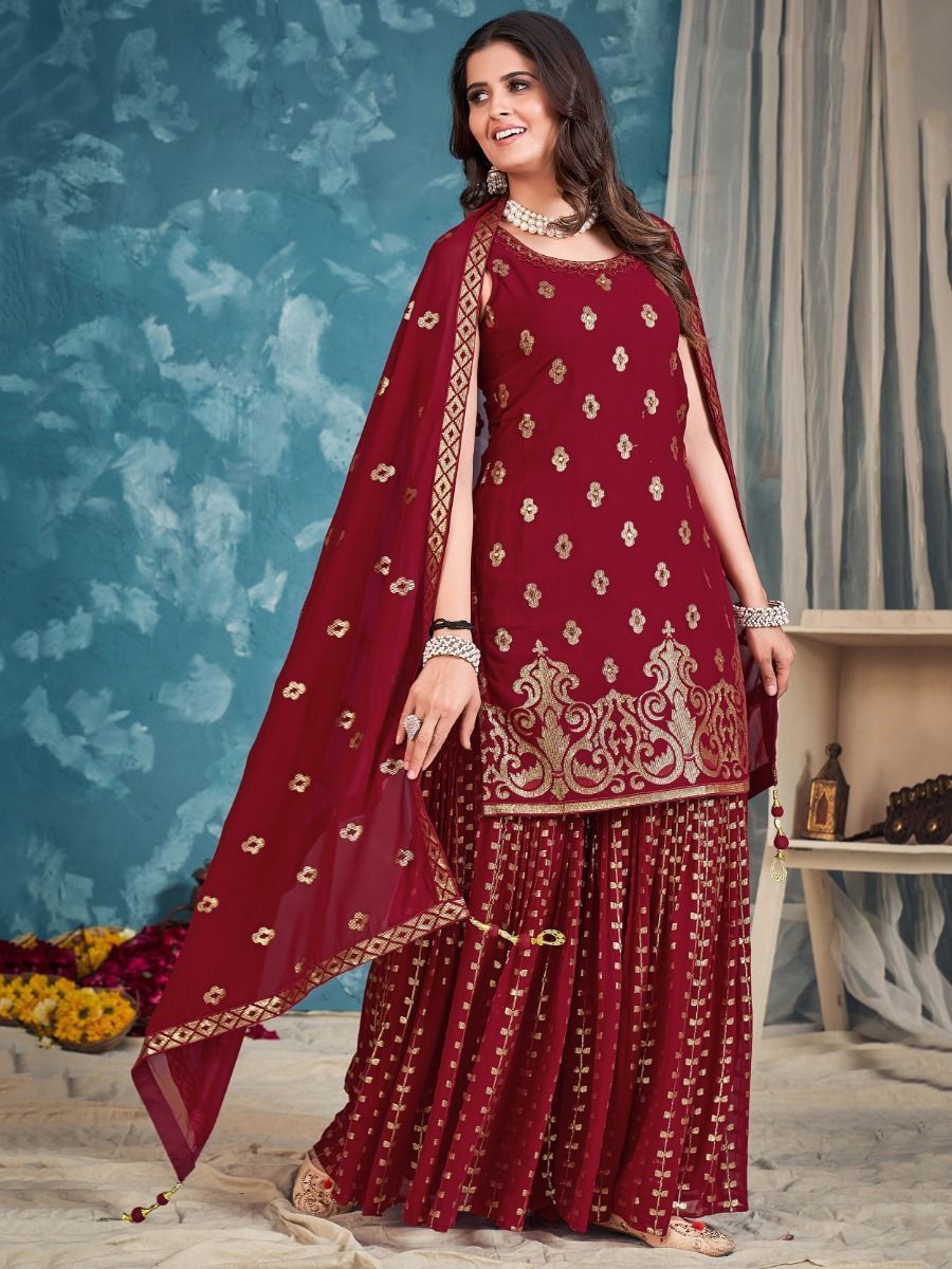 Red Pakistani Georgette Sharara For Indian Festivals & Weddings - Sequence Embroidery Work, Zari Work